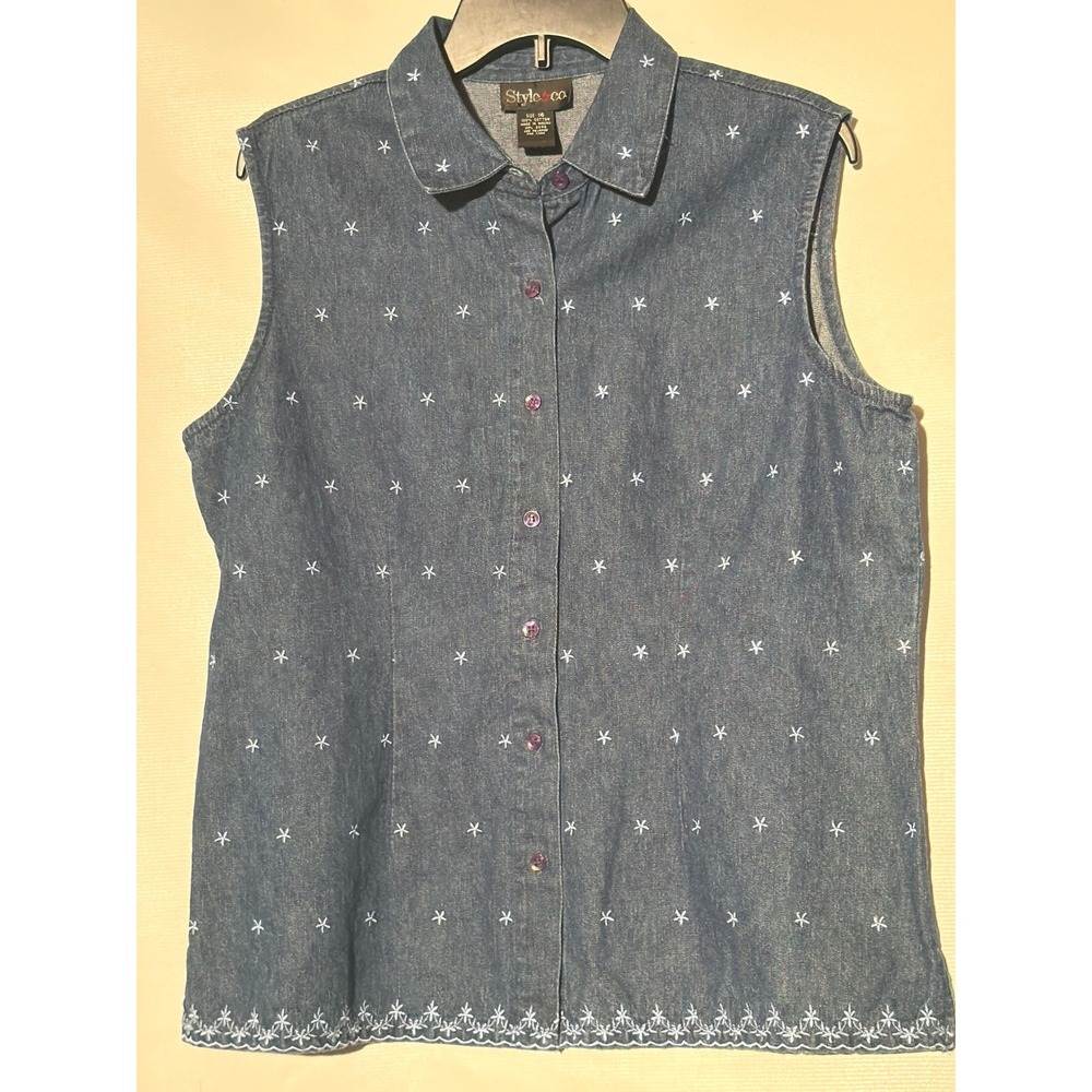 Style & Co Women's Denim Sleeveless Button Up Shirt 16 Blue Embroidered
